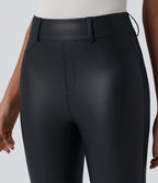 Legging 7/8 casual taille haute extensible en simili cuir avec poches