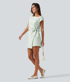 Short casual taille haute coupe baggy en mélange de lin avec poches