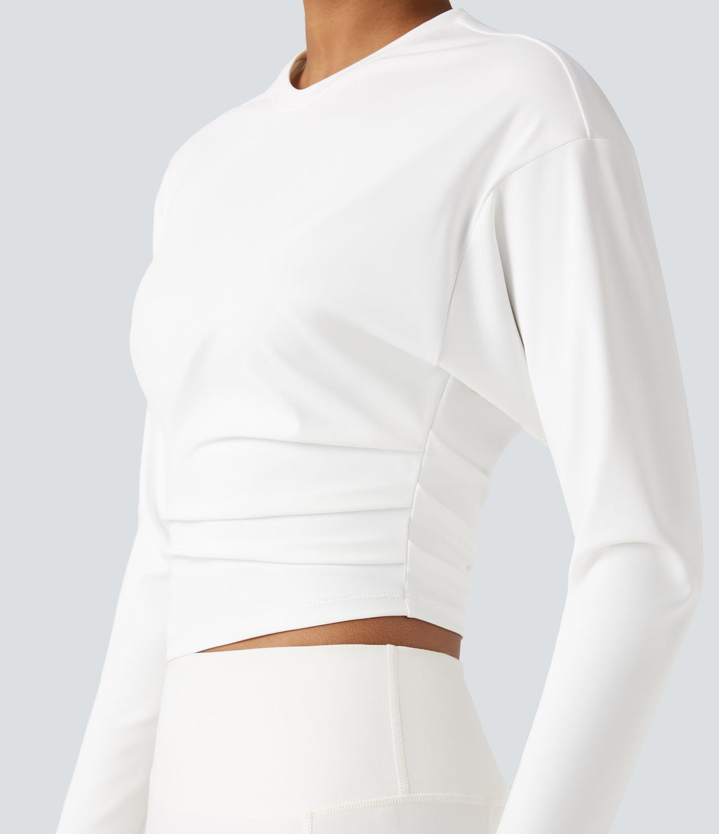 Top de sport yoga court froncé col rond manches longues