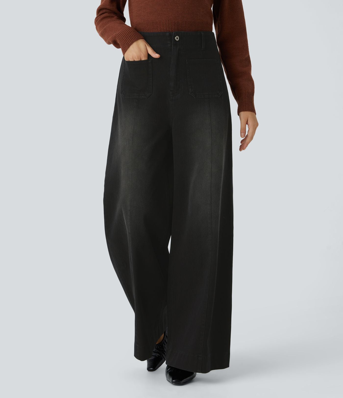 Halara Flex™ Jean large Palazzo et Taille Haute avec Poches Avant en Tricot Extensible Lavé