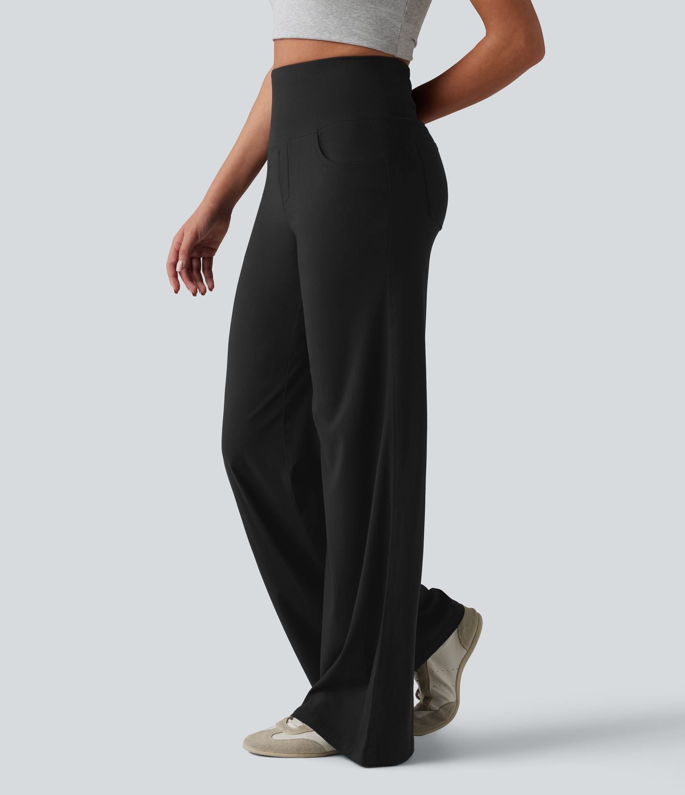 Pantalon large casual en lin stretch taille haute ventre plat avec poches