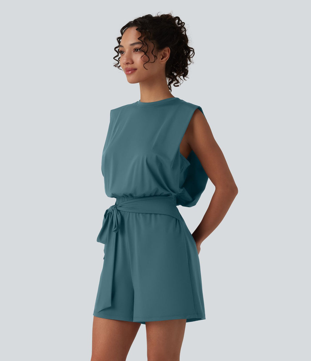 Combishort décontracté col rond sans manches effet frais InstantCool avec nœud frontal et poches, accès facile Easy Peasy, protection solaire UPF50+