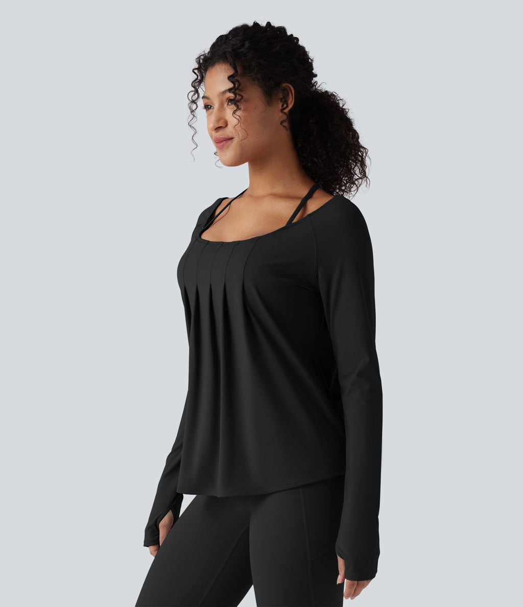 Top de sport yoga 2-en-1 SoftlyZero™ Airy dos nu croisé à manches longues avec passage de pouce, fronces et ourlet courbe - UPF50+