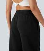 Pantalon large fluide polaire color block double ceinture gainant taille haute avec poches