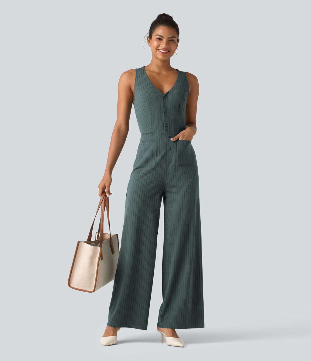 Combinaison tailleur rayée à jambes larges, décolleté en V, découpe et poches