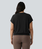 Haut de yoga grande taille oversize à col V, manches courtes, toucher frais et séchage rapide