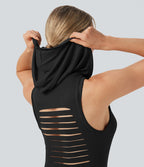 Robe courte moulante à capuche sans manches avec découpes et cordon de serrage - longueur ajustable