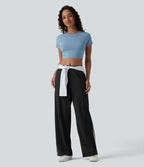 Pantalon décontracté mi-taille coupe droite à séchage rapide à rayures color block avec poches - UPF40+