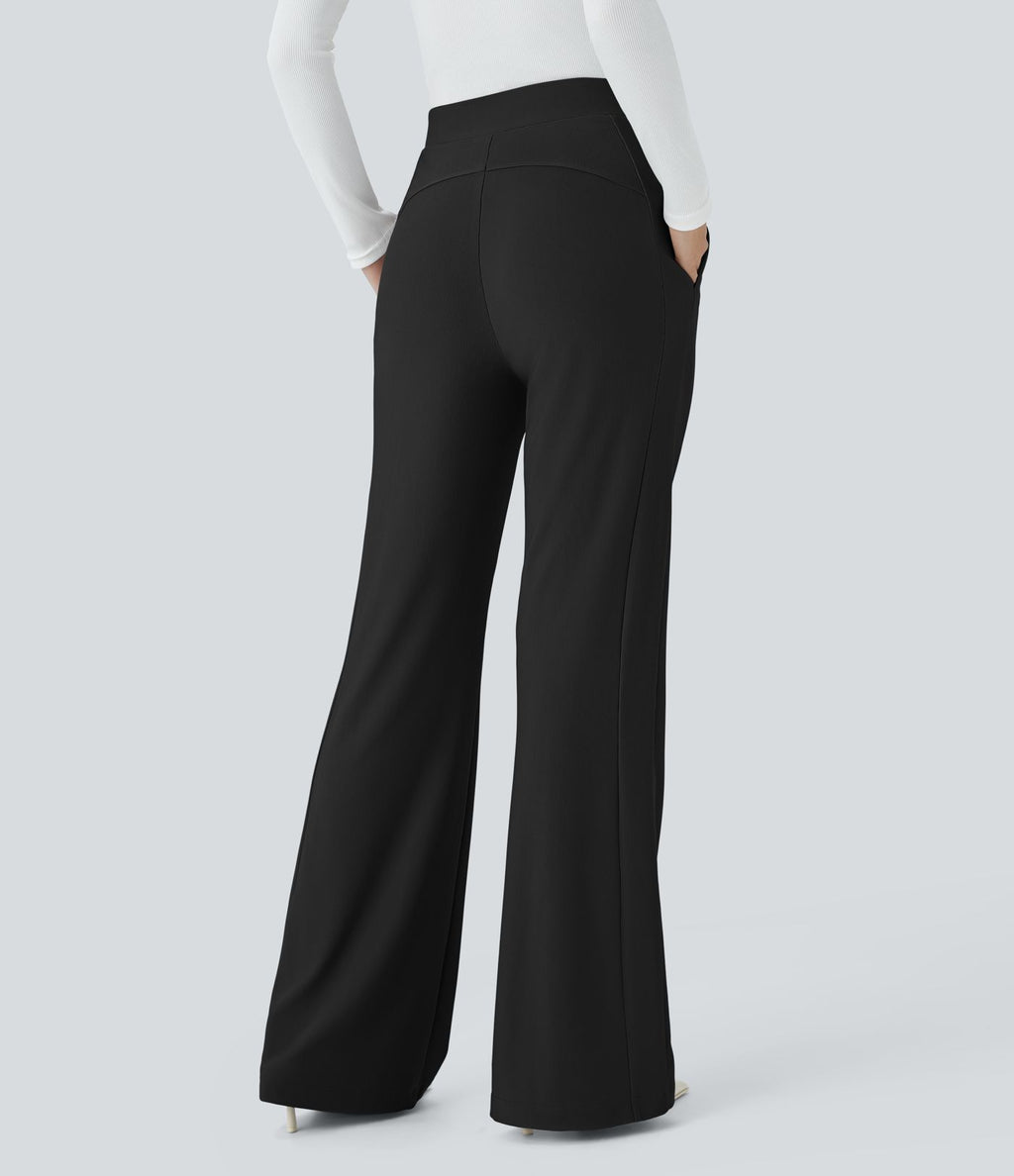 Halara Flex™ Pantalon tailleur taille haute, poches latérales, léger évasé, en tissu micro gaufré