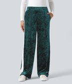 Pantalon velours coupe droite color block taille mi-haute avec cordon de serrage et poches