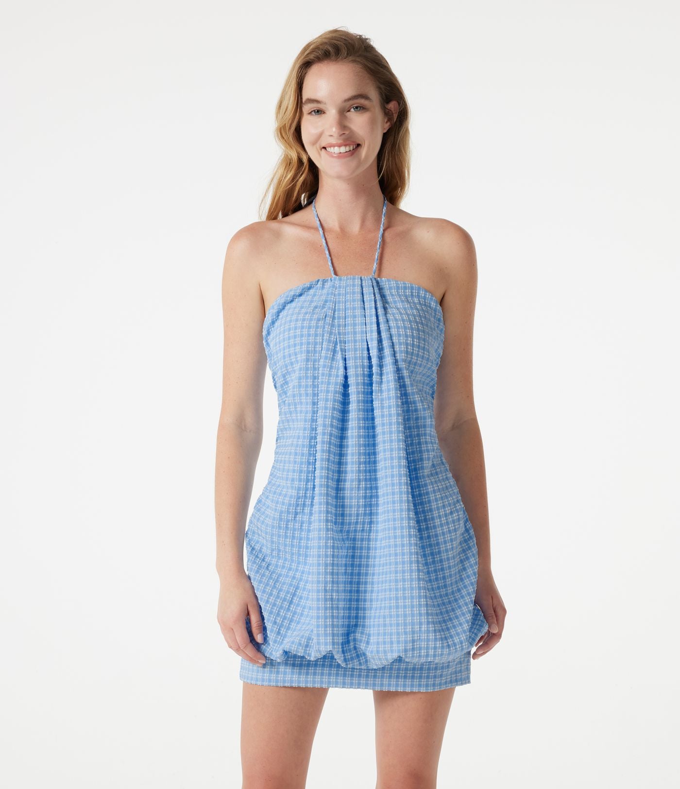 Robe micro-mini de plage moulante à carreaux vichy col halter avec brassière intégrée et lien noué au dos