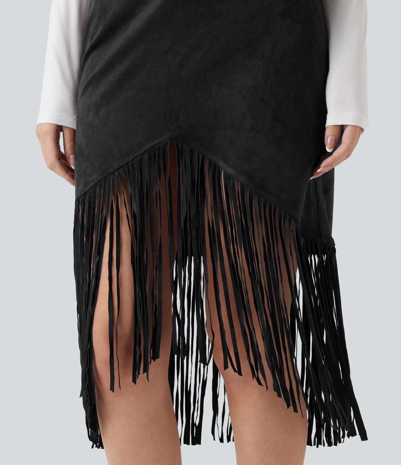 Jupe midi de soirée effet daim taille haute à franges