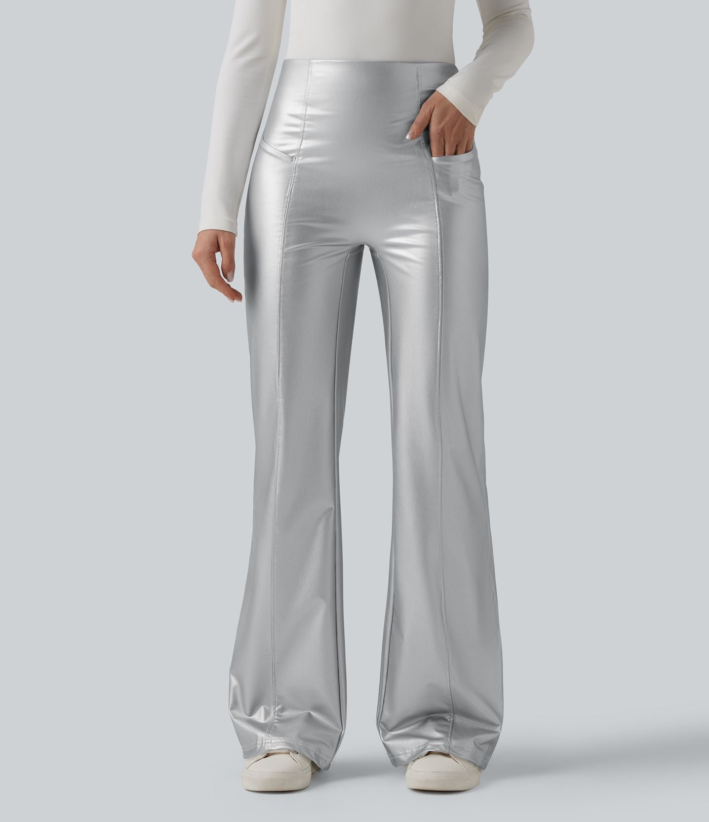 Pantalon similicuir évasé gainant taille haute stretch avec poches