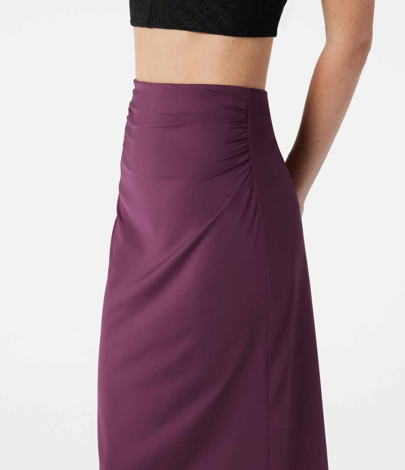 Jupe crayon midi décontracté taille haute extensible aspect satiné à effet frais InstantCool avec fronces