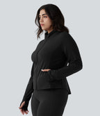 SoftlyZero™ Veste de randonnée grande taille ajustée zippée plissée à col montant avec passants pouces et poches - UPF50+
