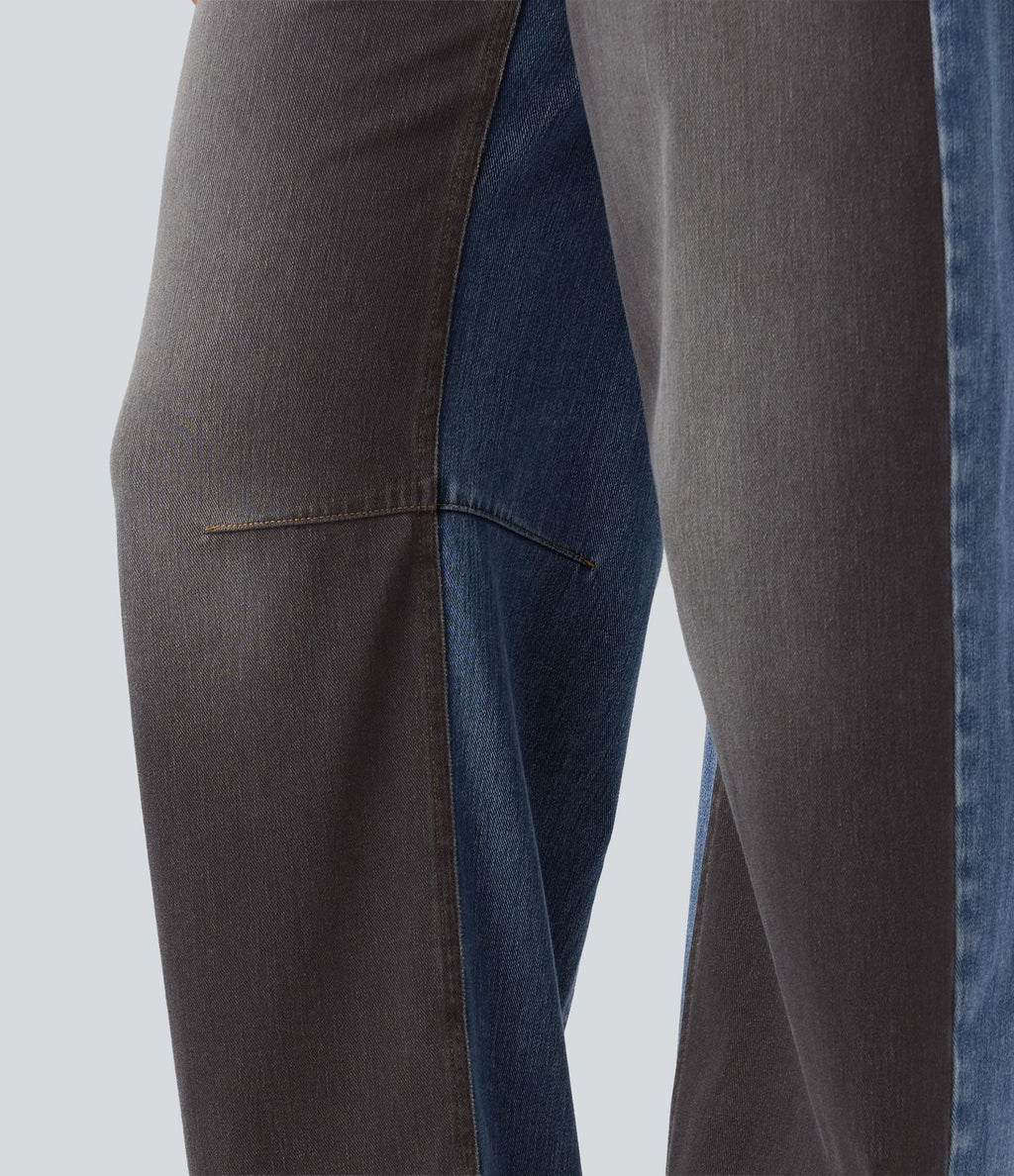 Jean barrel casual Halara Flex™ taille mi-haute color block avec poches