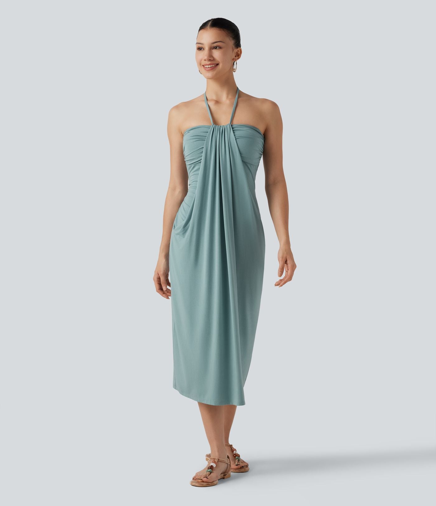Robe midi de plage à col halter avec brassière intégrée, lien noué au dos et poches