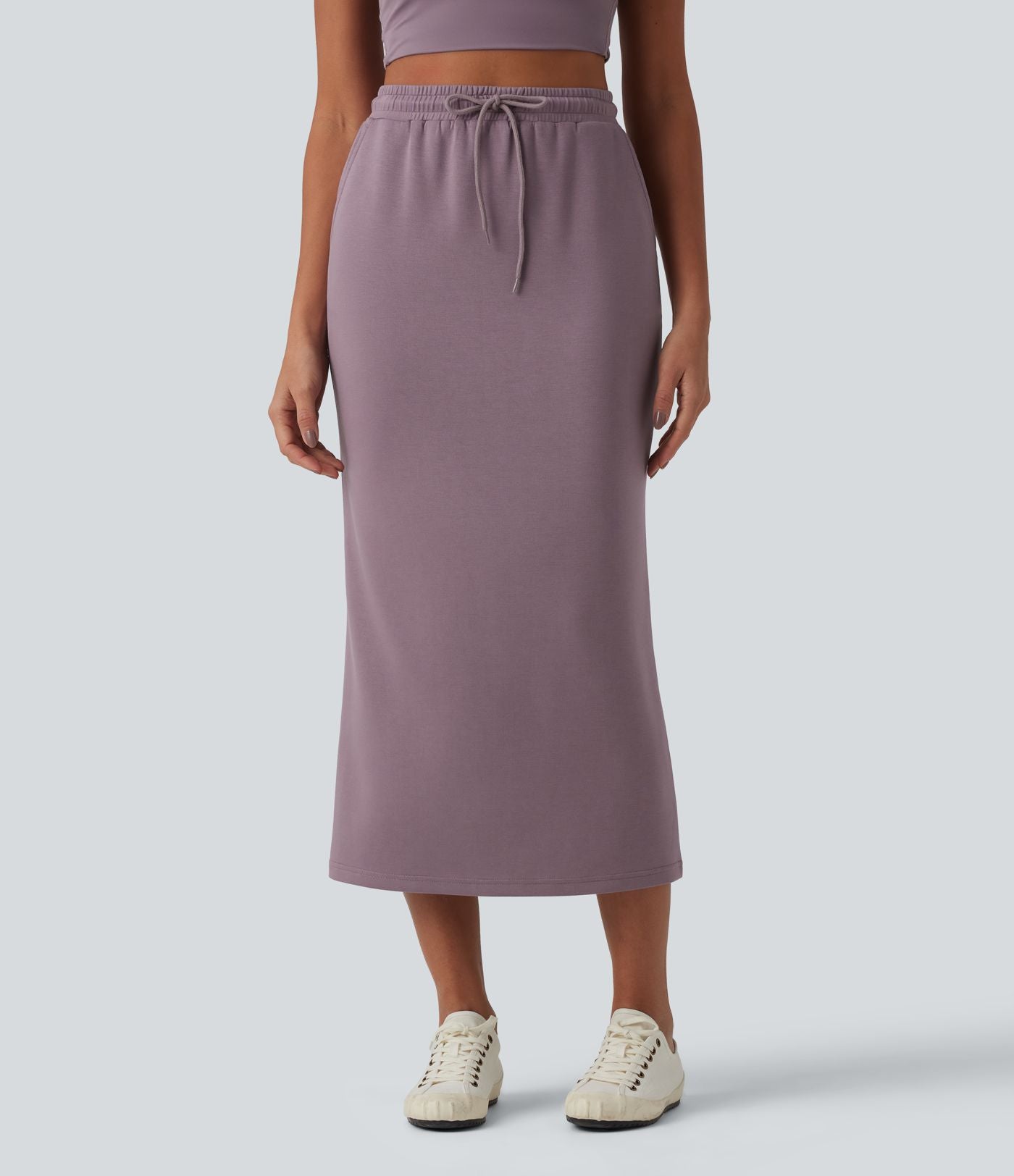 Jupe crayon casual mi-longue taille haute avec cordon de serrage et poches