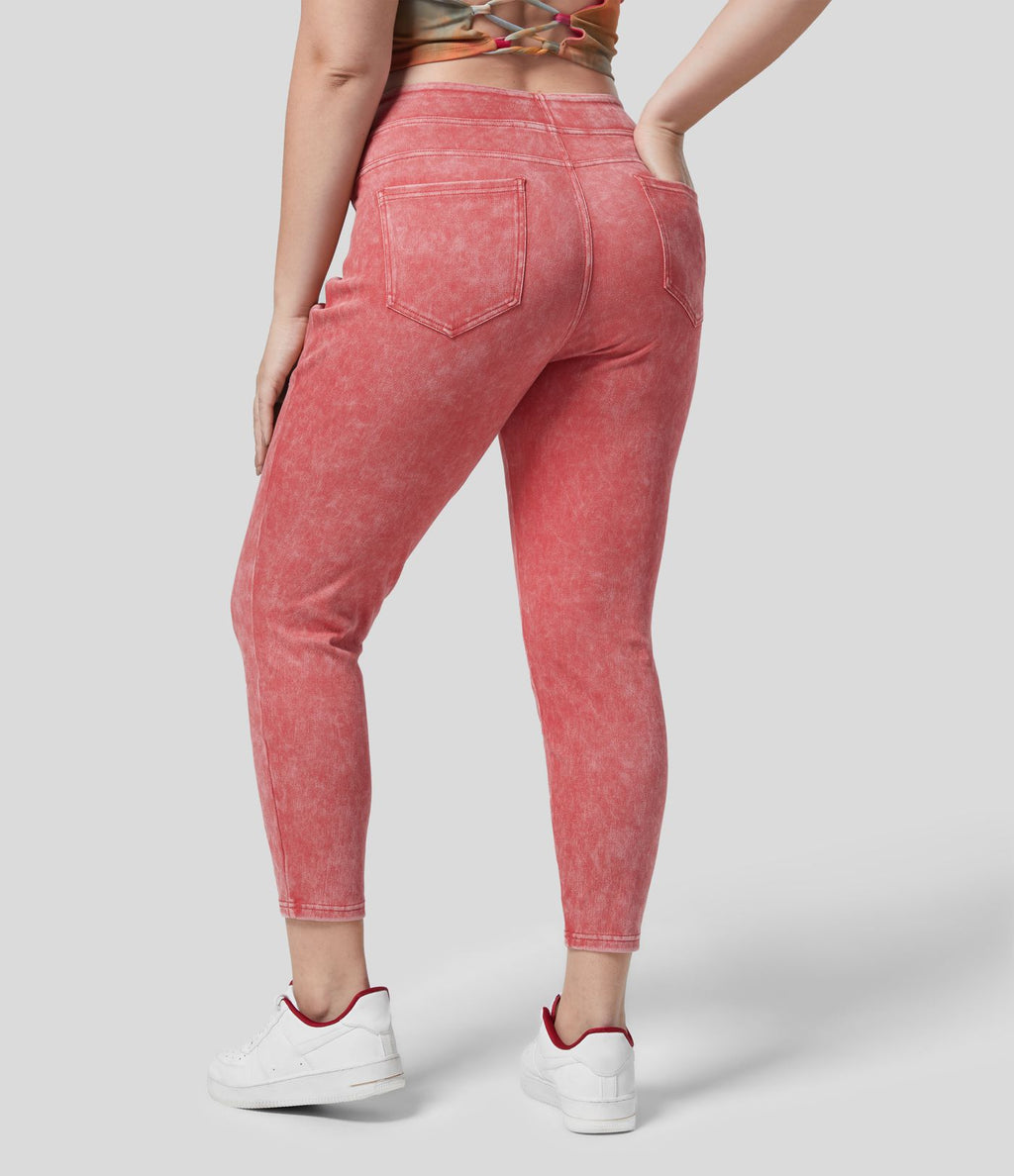 Halara Flex™ Legging Casual 7/8 Grande Taille en Denim Tricot Extensible Coloré à Taille Haute avec Poches Latérales Arrière