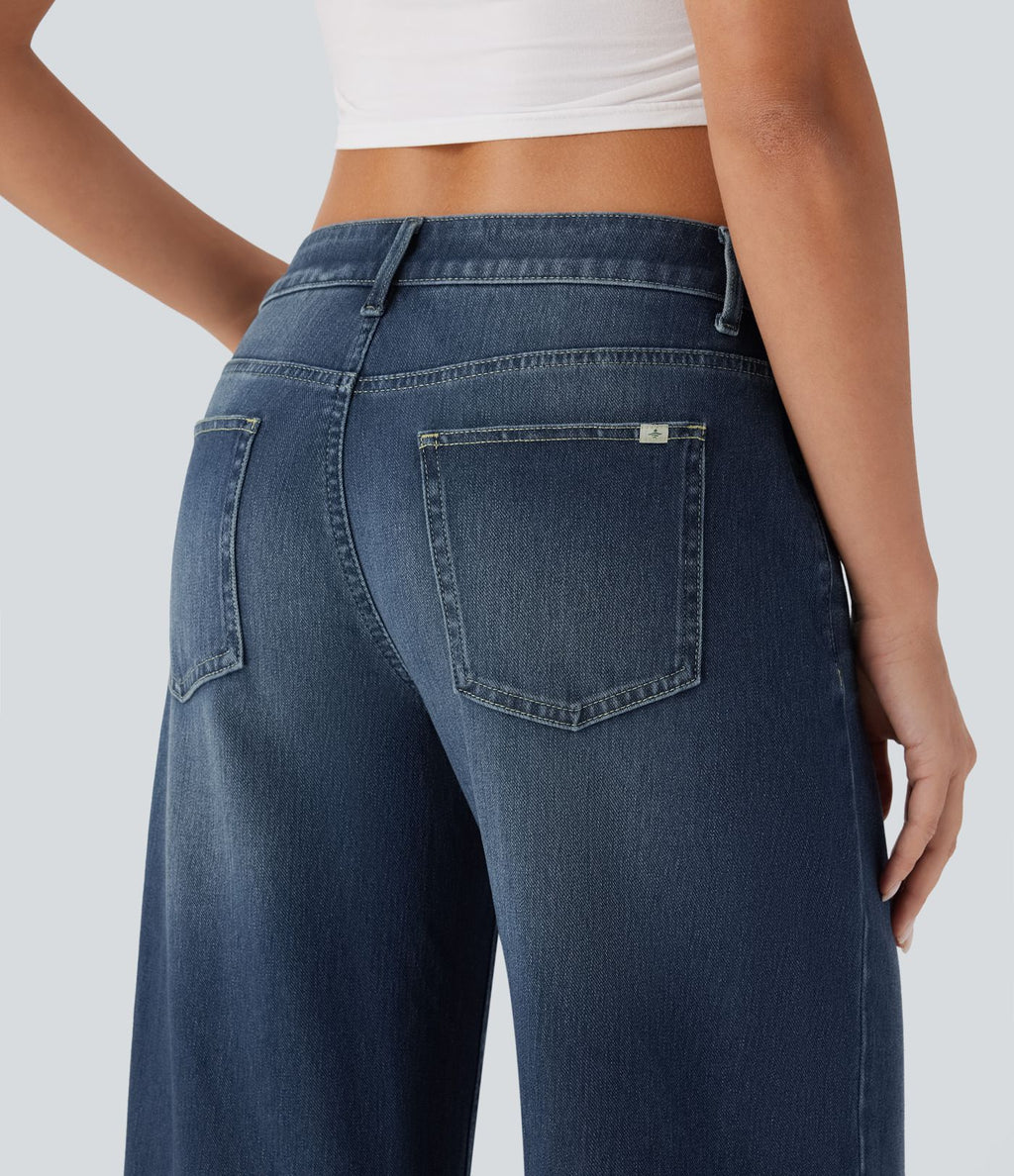 Halara Flex™ Jean large asymétrique taille basse avec bouton, fermeture éclair et poches multiples, délavé et extensible en maille