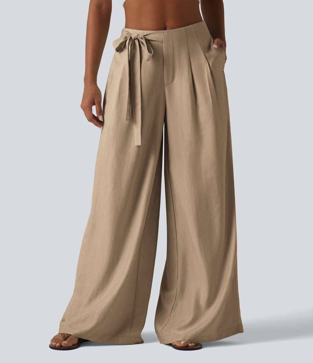 Pantalon large fluide taille haute en lin mélangé avec poches et liens latéraux
