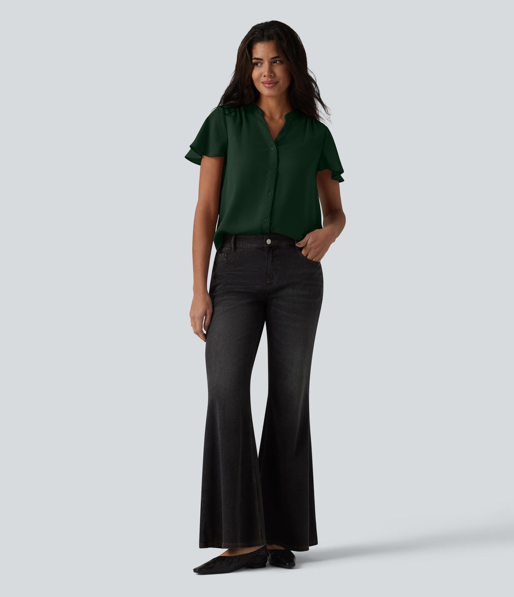 Blouse casual col V à manches volantées et ourlet arrondi