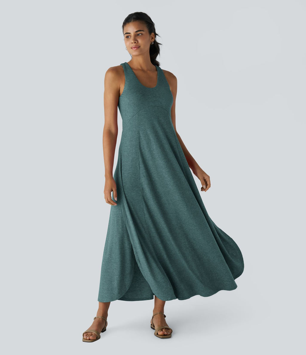 Robe Casual Débardeur Longue Fluide Fendue Dos Nu à Col en U