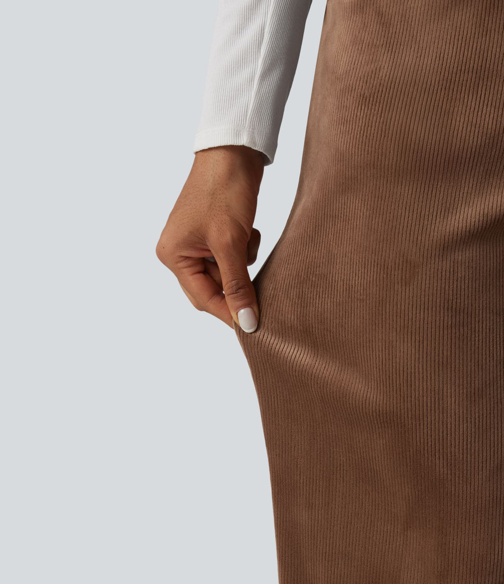 Pantalon droit casual en velours côtelé molletonné taille mi-haute avec poches