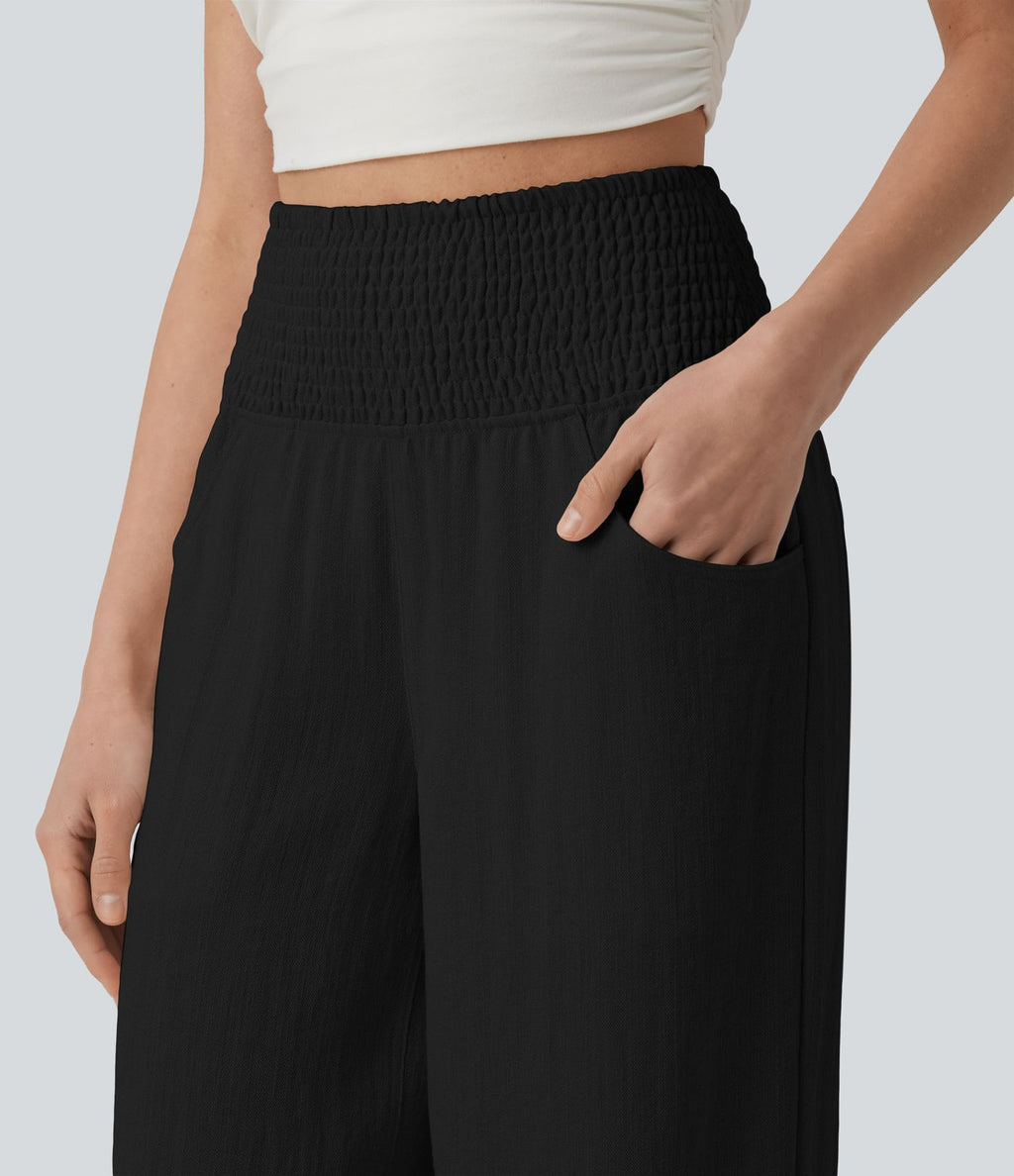 Pantalon casual bouffant aspect lin avec fronces taille haute et poches