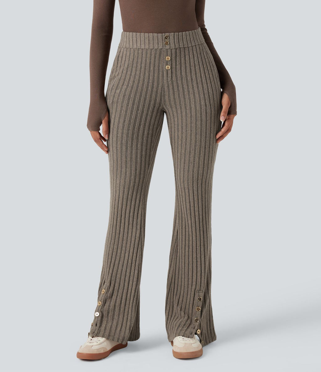 Pantalon évasé côtelé taille mi-haute boutonnage ourlet fendu avec poches
