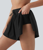 Short de bain 2 en 1 taille mi-haute ourlet arrondi fendu avec cordon de serrage et poches
