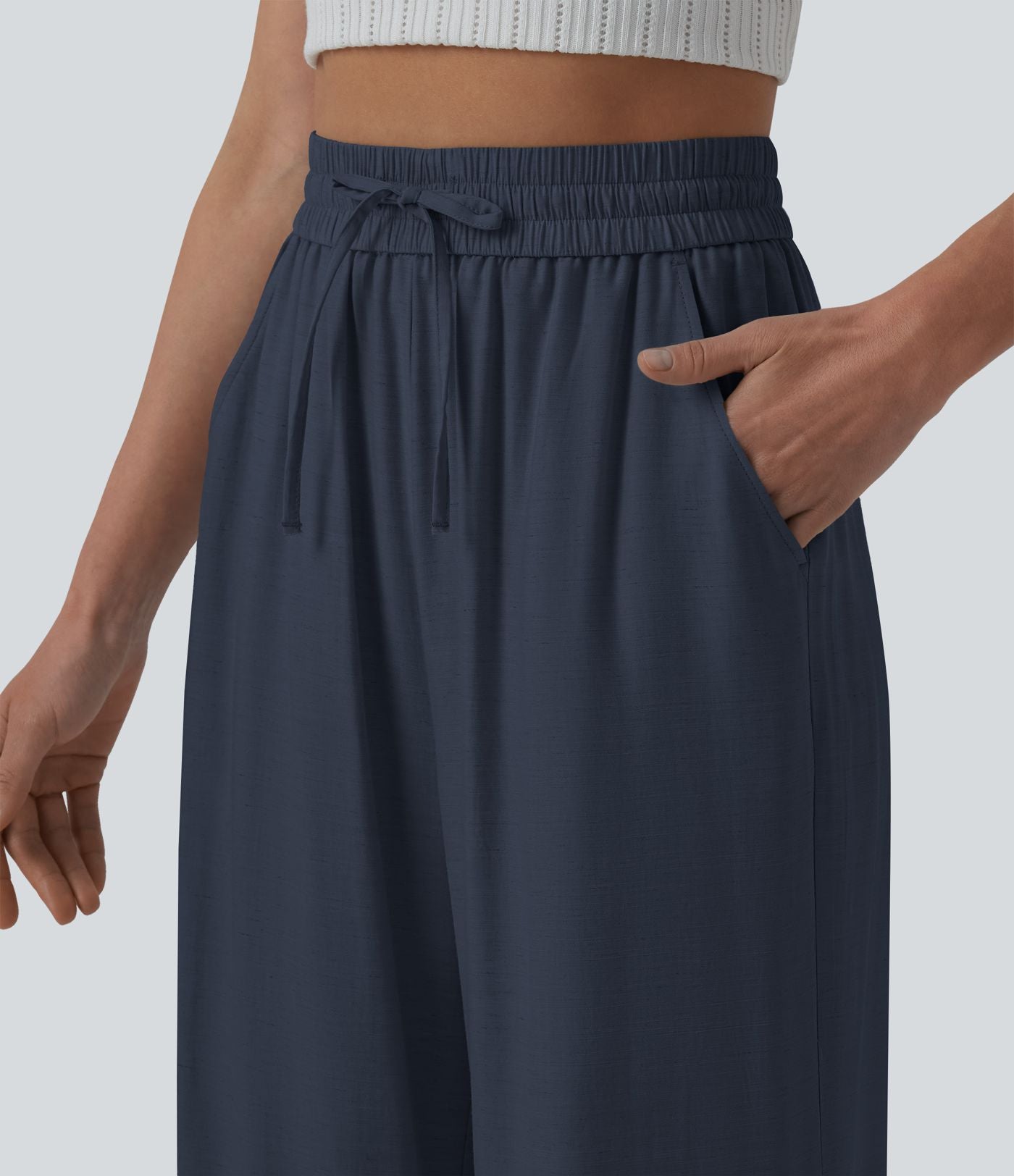 Pantalon casual large mélange lin taille haute avec cordon de serrage et poches