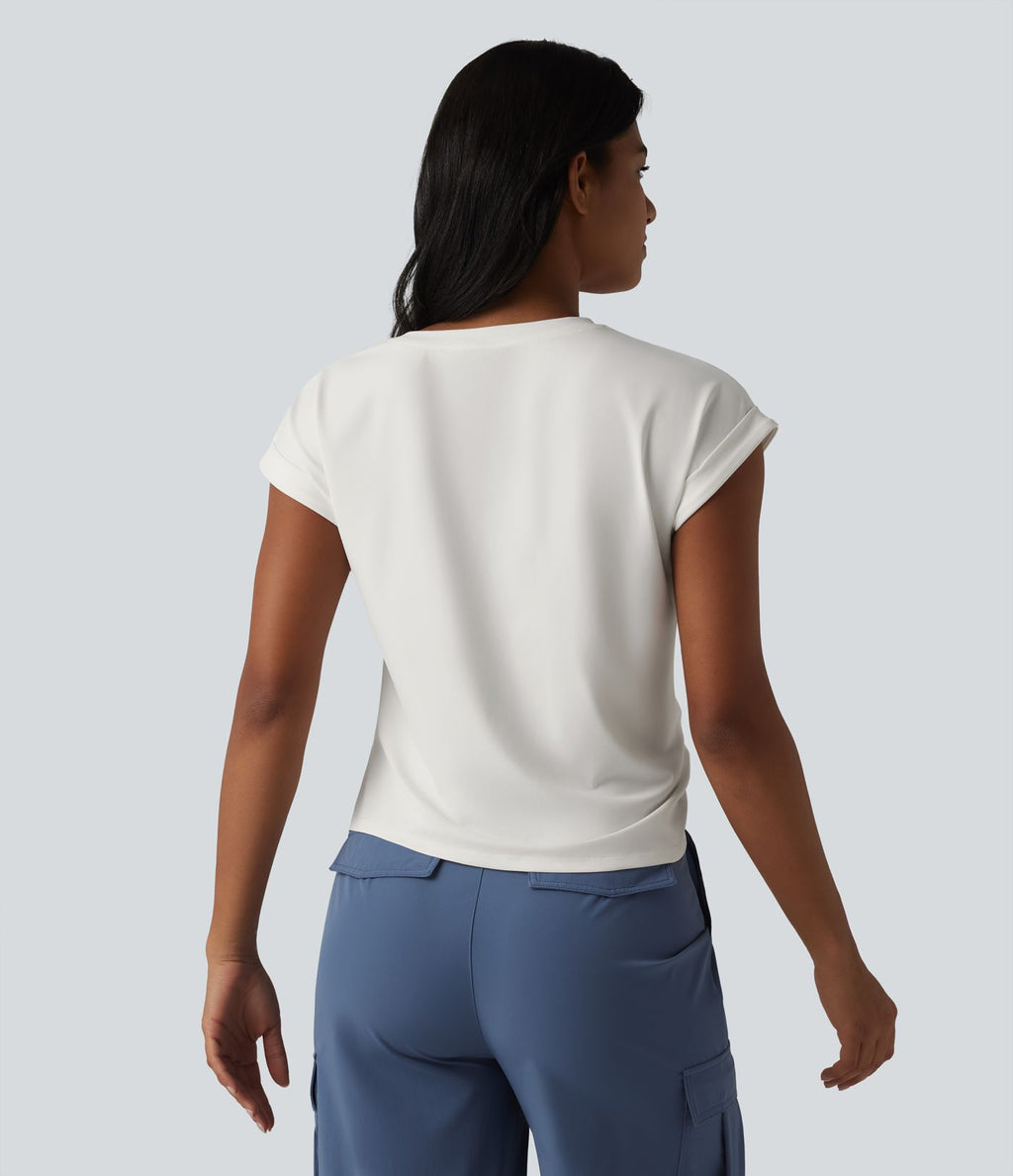 T-shirt casual col rond manches courtes avec ourlet incurvé et fentes latérales