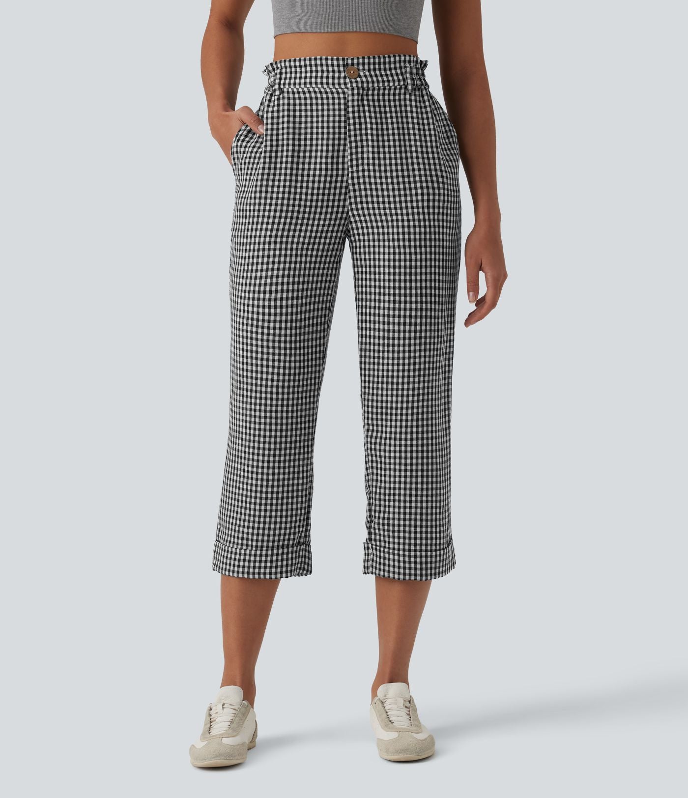 Pantalon 7/8 décontracté aspect lin à carreaux taille haute avec poches