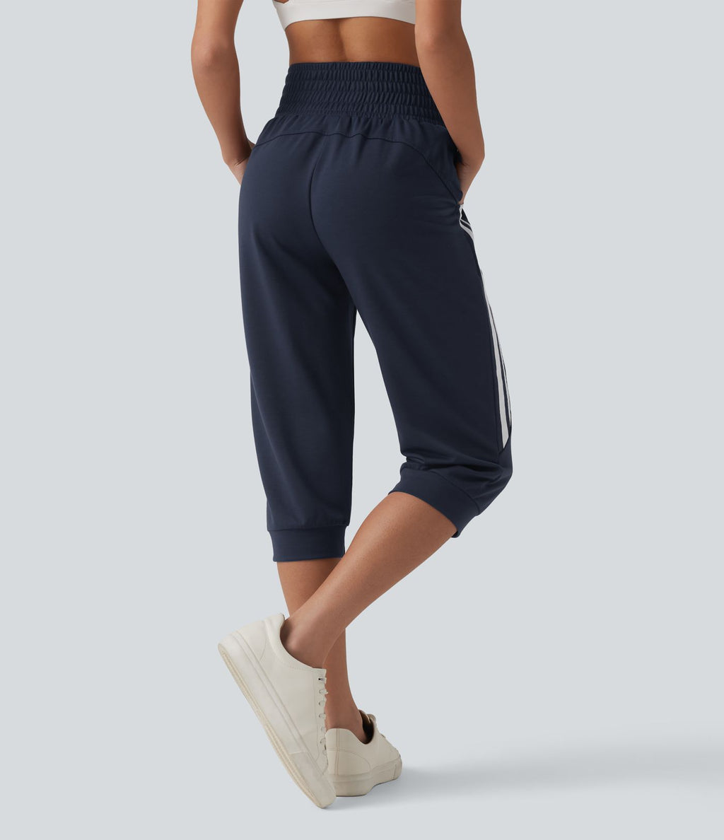 Jogging casual capri à rayures taille haute avec cordon de serrage et poches