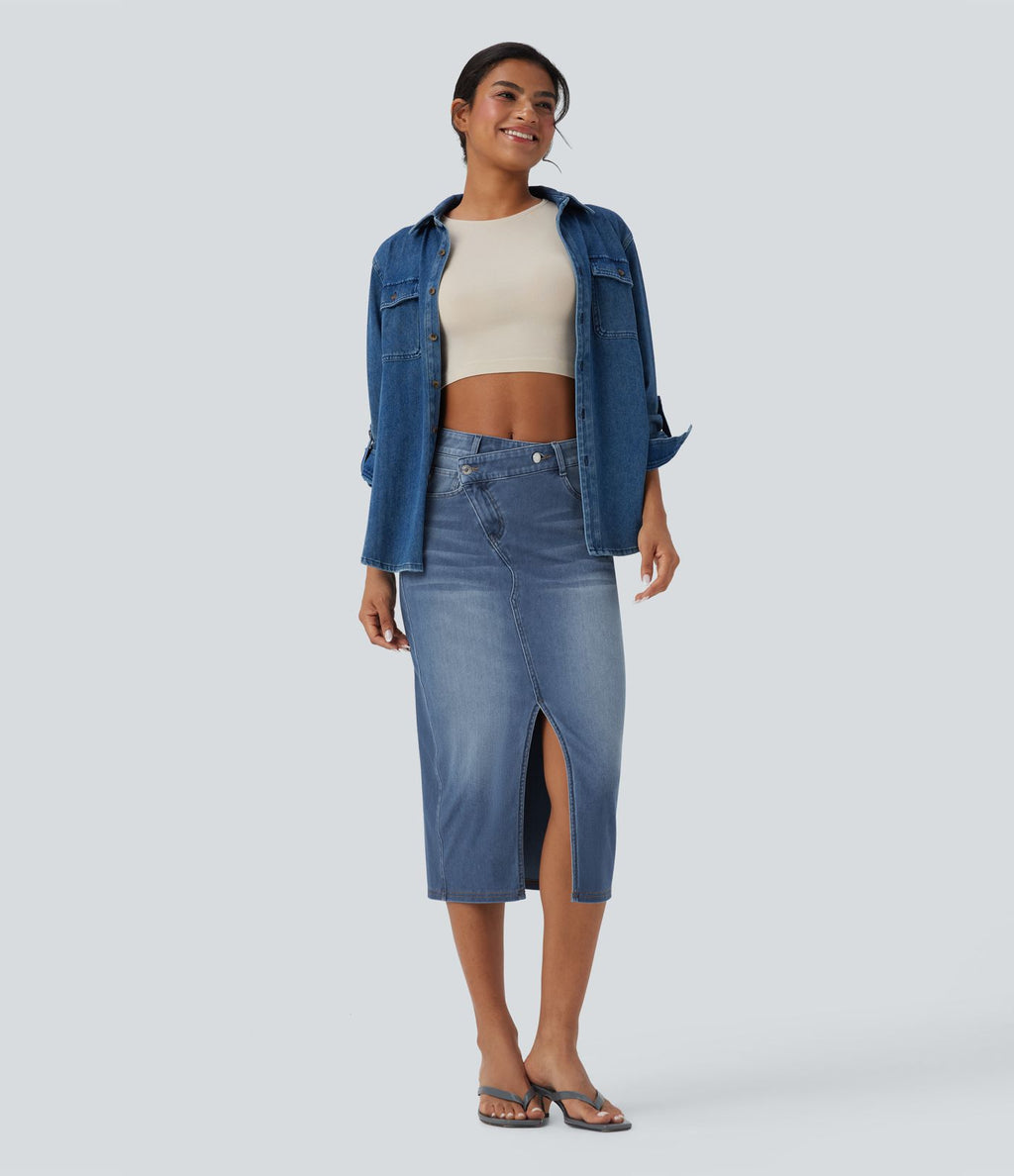 Jupe décontractée denim moulante Halara Flex™ asymétrique taille mi-haute avec fente et poches