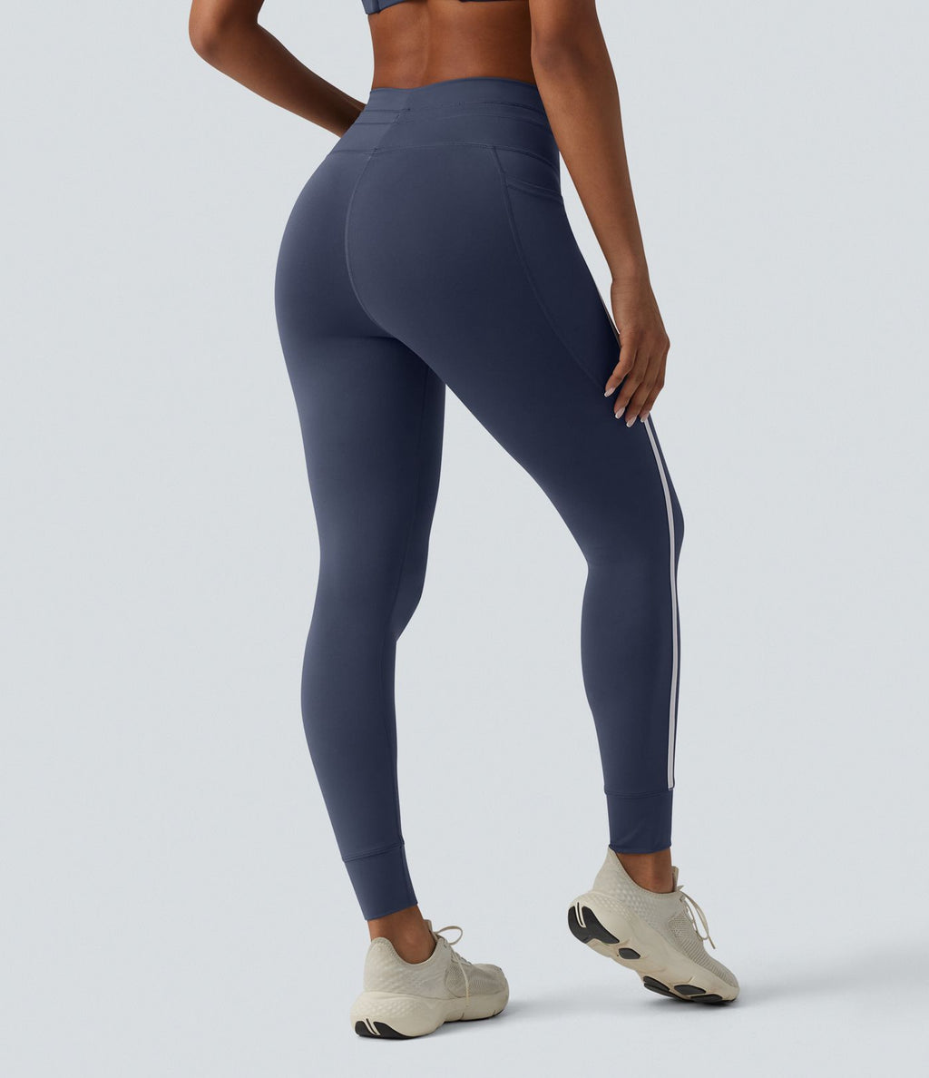 Legging de yoga 7/8 ventre plat taille haute avec cordon de serrage rayé color block et poches