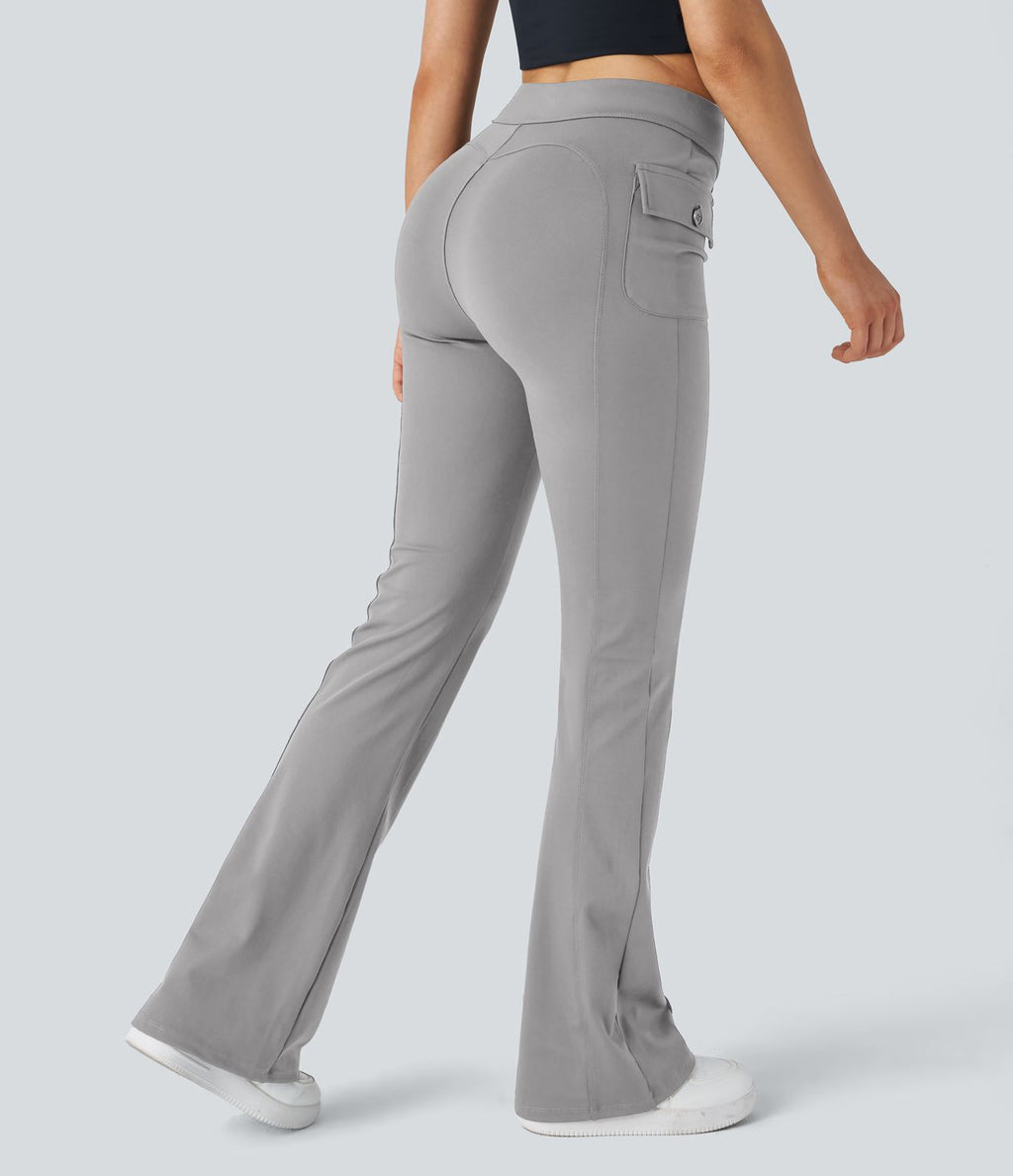 Pantalon cargo décontracté évasé taille haute avec poches à rabat latérales