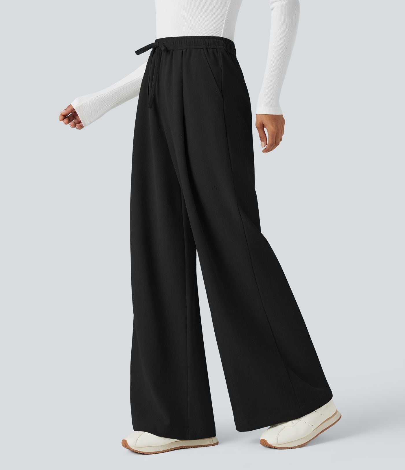 Pantalon large taille haute avec cordon de serrage et poches