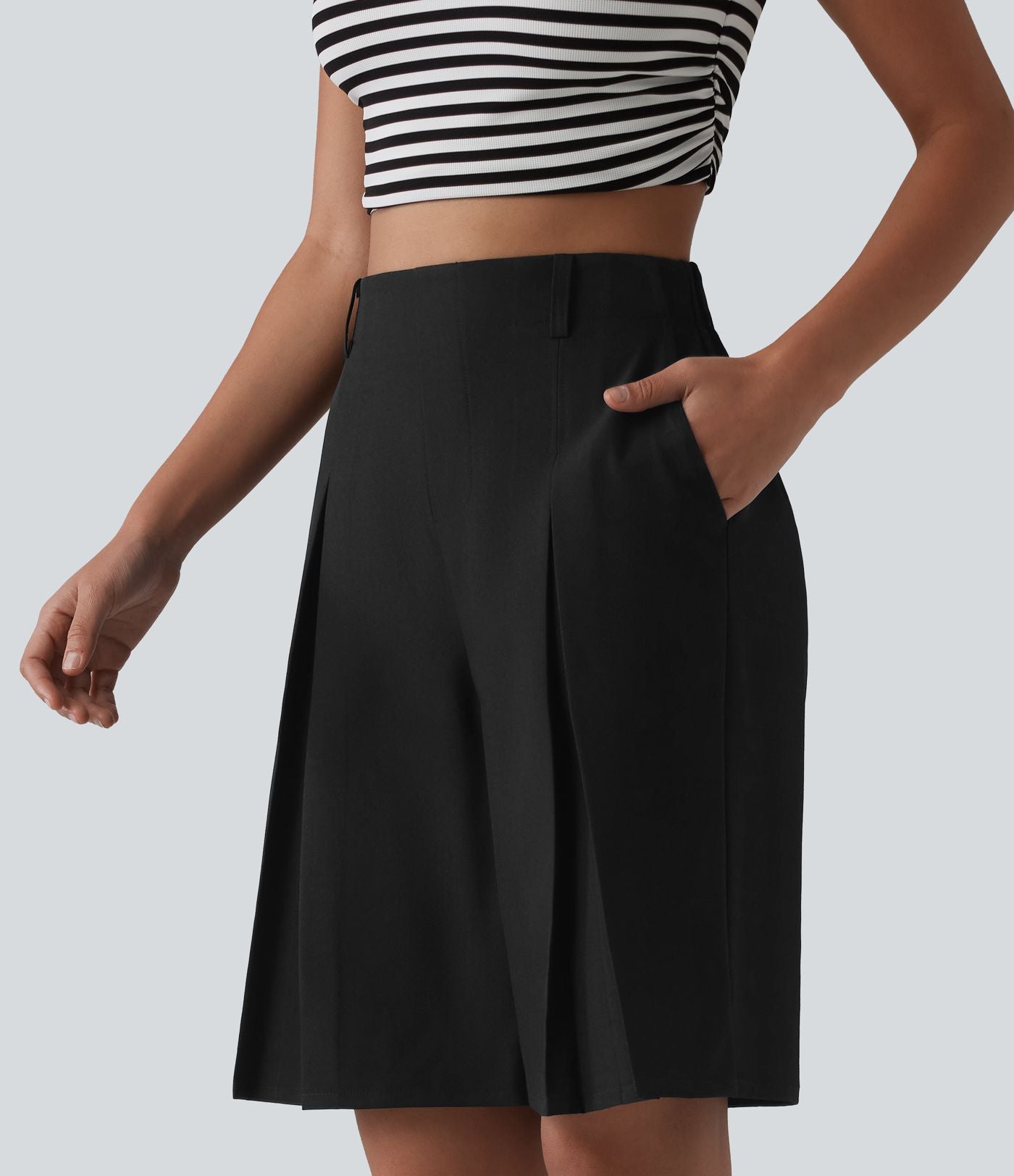 Bermuda ample infroissable taille haute plissé aspect lin avec fermeture éclair invisible et poches