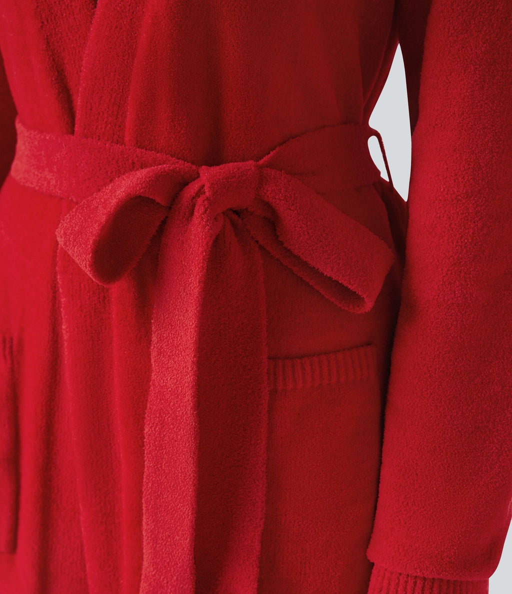 Robe d'intérieur longue tricot ouverte ceinturée manches longues avec poches