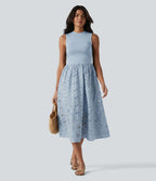 Robe midi de villégiature sans manches col rond à broderie anglaise, avec poches