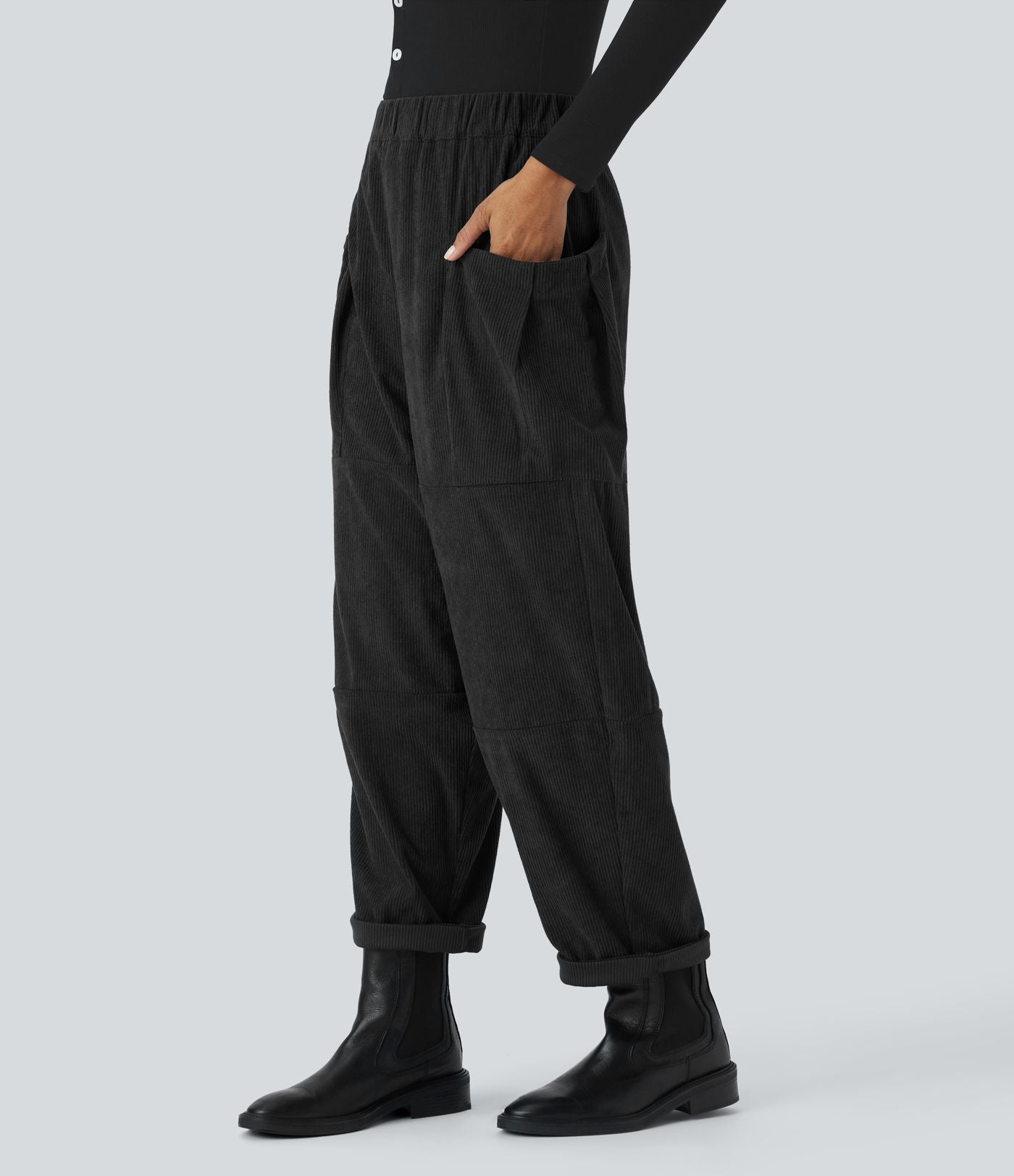Pantalon décontracté en velours côtelé, taille haute, avec poches