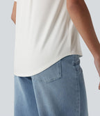 T-shirt décontracté col V manches courtes ourlet arrondi