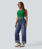 Jean large 7/8 décontracté Halara Flex™ délavé gainant taille haute ourlet roulotté avec poches