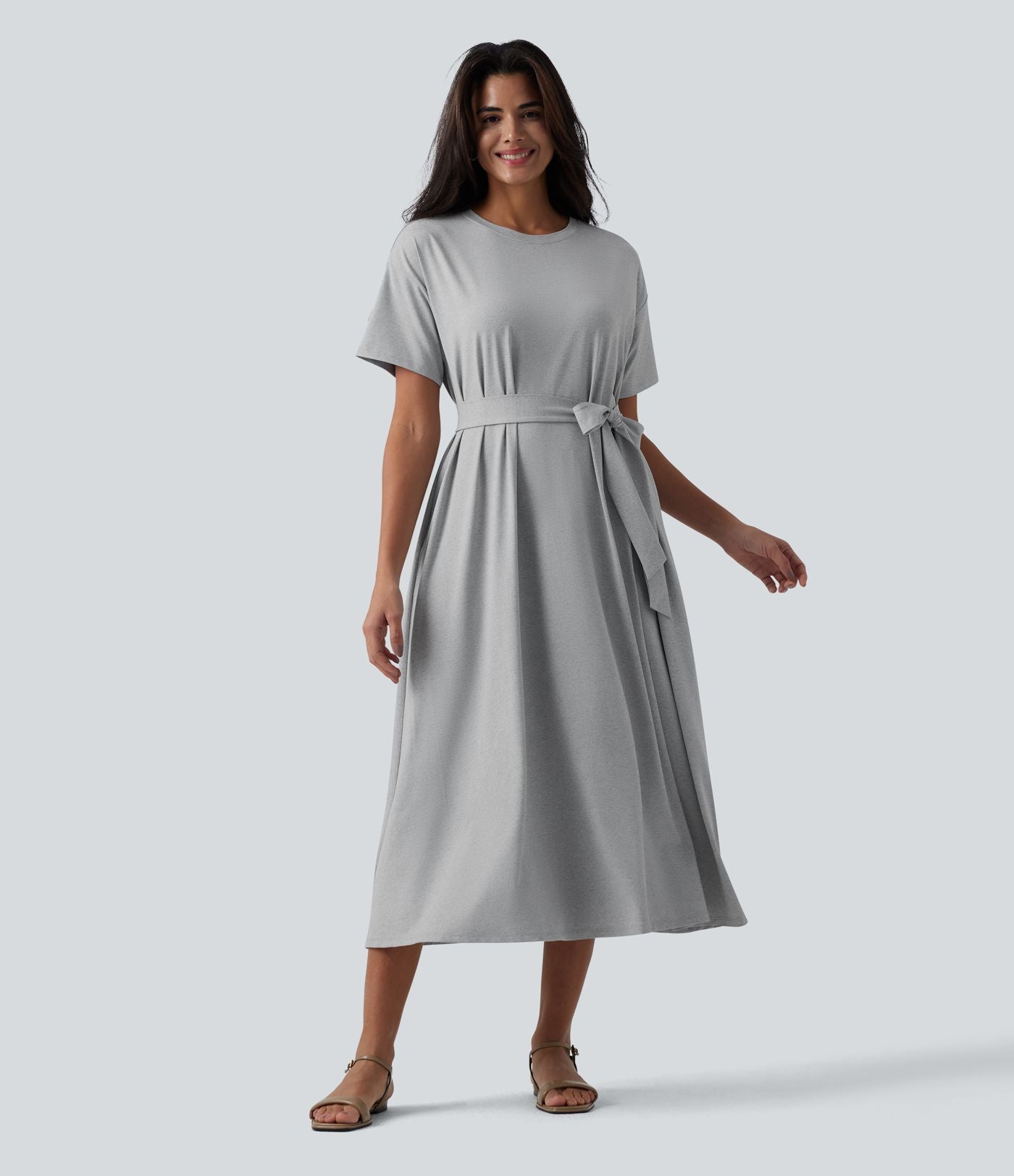 Robe T-shirt casual midi fluide col rond manches courtes avec ceinture et poches