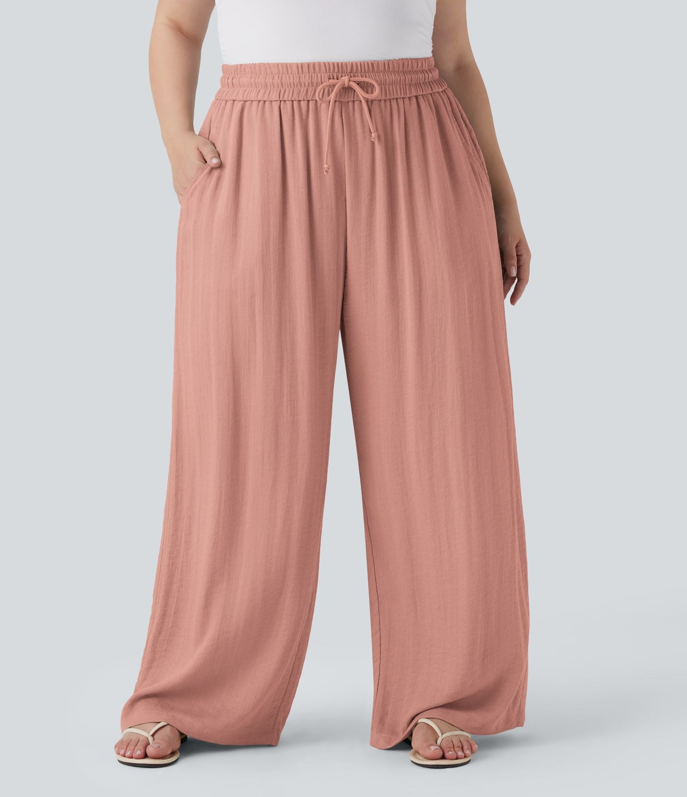 Pantalon décontracté grande taille large fluide taille haute effet lin avec cordon de serrage et poches