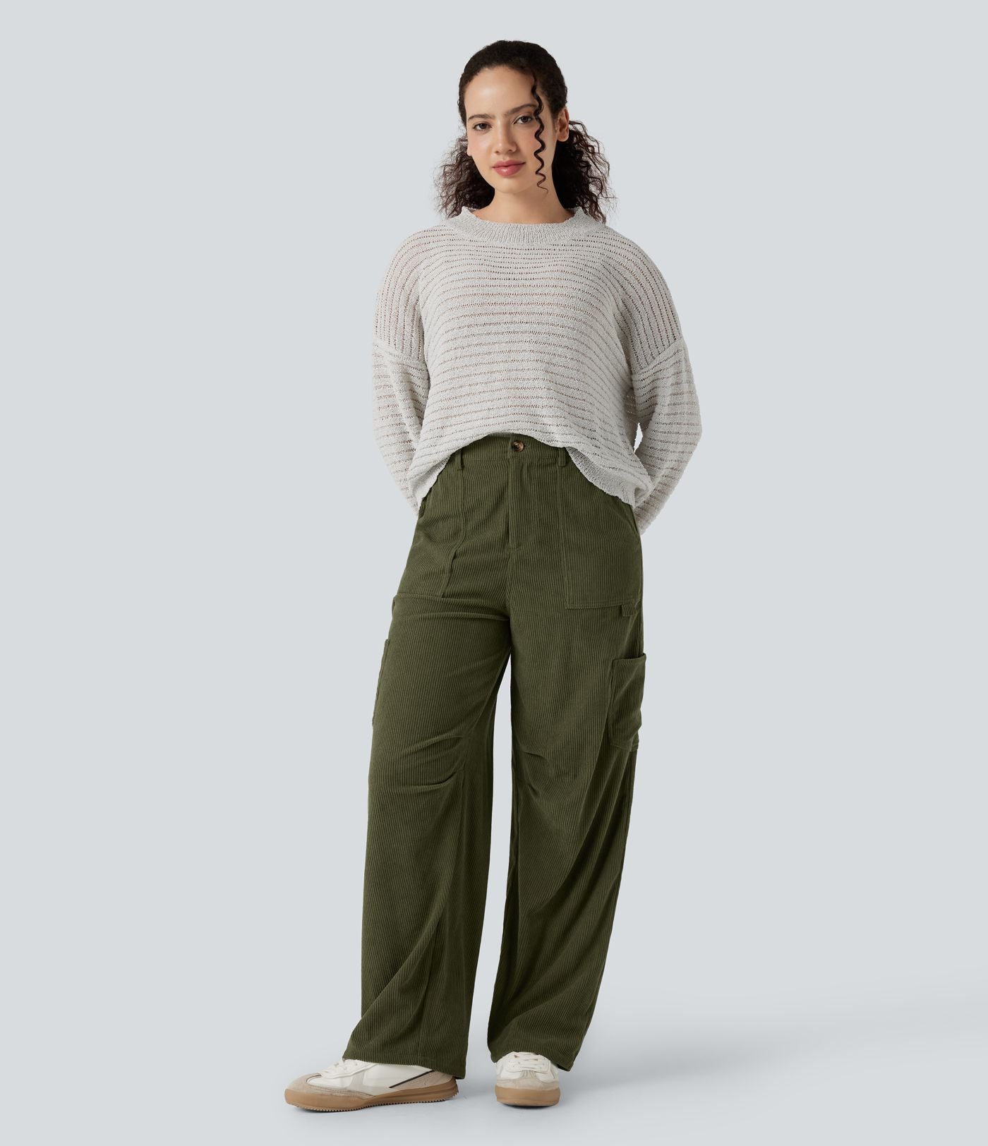 Pantalon décontracté droit en velours côtelé, taille haute, avec poches