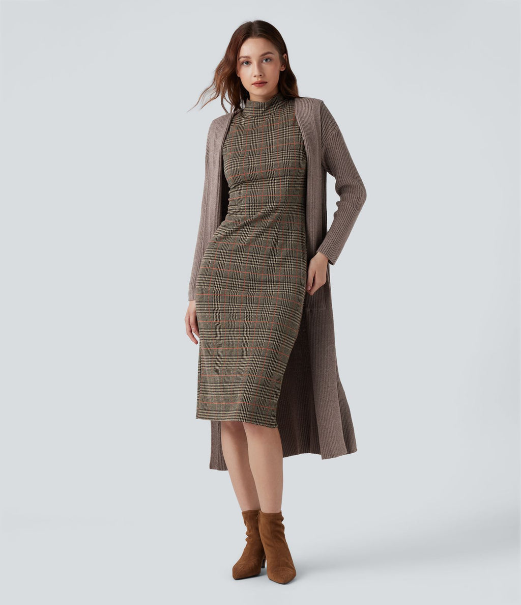 Robe de travail midi moulante sans manches col montant pied-de-poule à carreaux