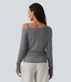 T-shirt décontracté asymétrique en mélange de laine à une épaule et manches longues